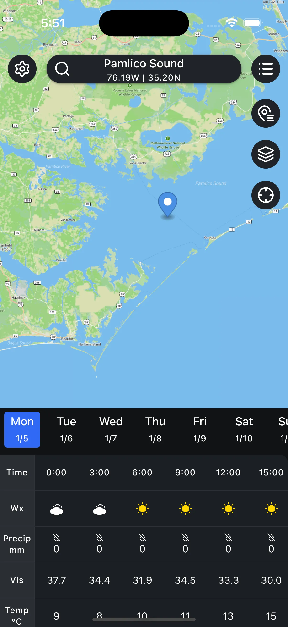 SunnyFish full marine weather forecast screen